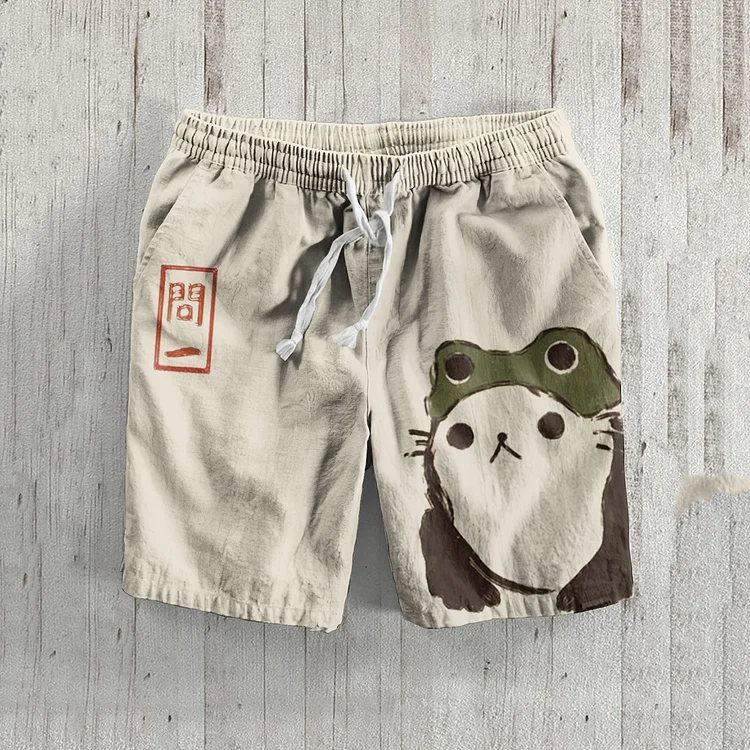Retro Abstract Cat Disguise Frog Art Print Casual Shorts
