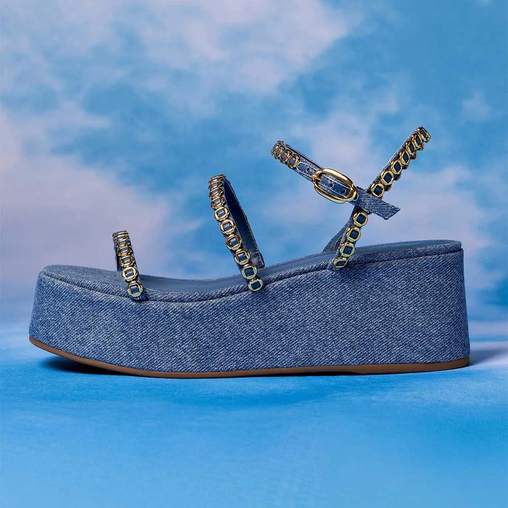 Blue Denim Open Toe Gold Hardware Wedge Sandals with Ankle Strap