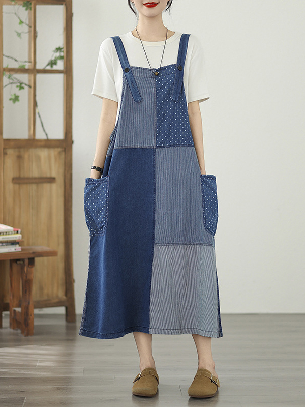 Strap Polka Dot Stripe Patchwork Denim Midi Dress