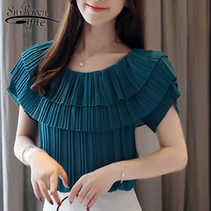 New Korean Wrinkled Ruffle Women Tops Fashion Short Sleeve Blue Blouse Female 2022 Summer New Slash Neck Chiffon Blouse 4636