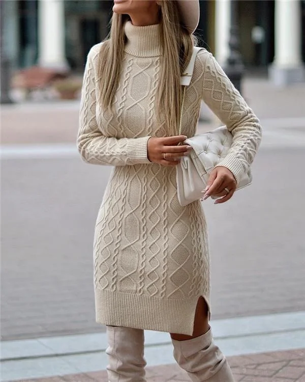 elegant solid spiral ribbed tweed turtleneck slit knitted sweater dress p529570