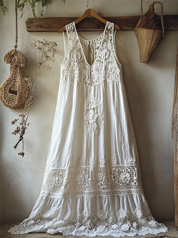 VChics Boho Floral Hollow Lace Patchwork Linen Maxi Dress