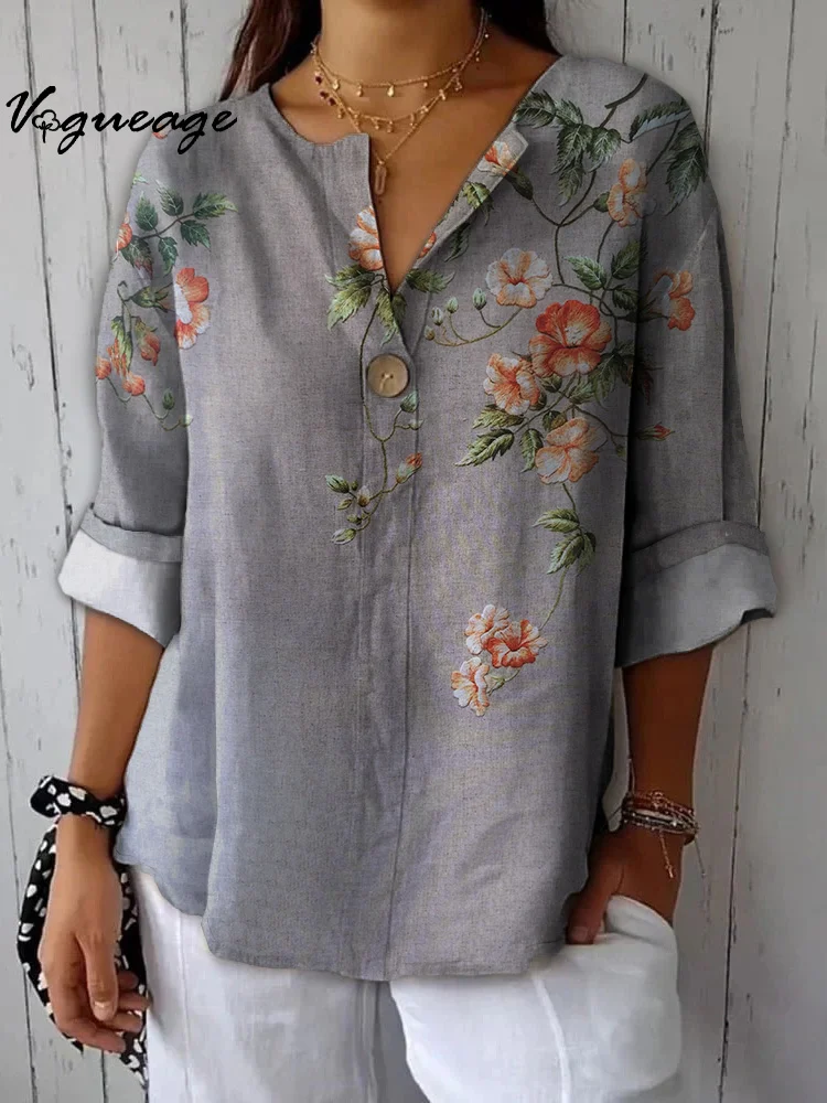 Simple And Elegant Flowers Printed Cotton And Linen Shirt