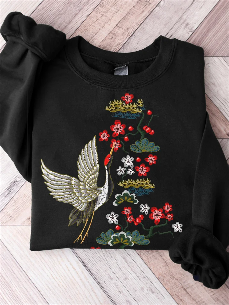 Crane & Flowers Japanese Embroidery Art Sweatshirt