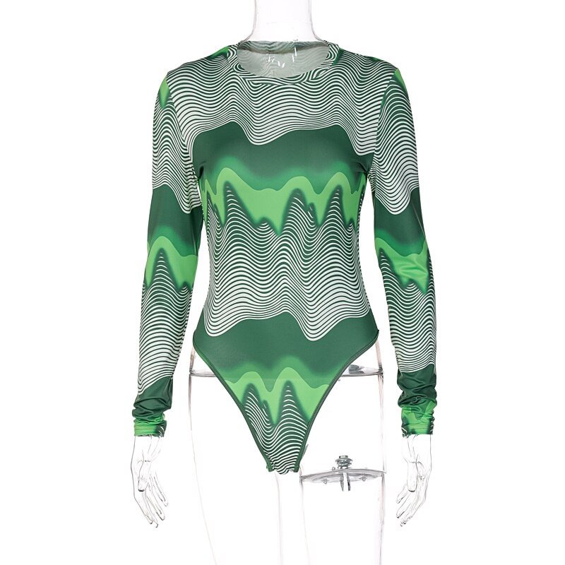 Hugcitar Digital Print Satin Long Sleeves O Neck Sexy Bodysuit 2021 Fall Winter Women Christmas Halloween Party Y2K