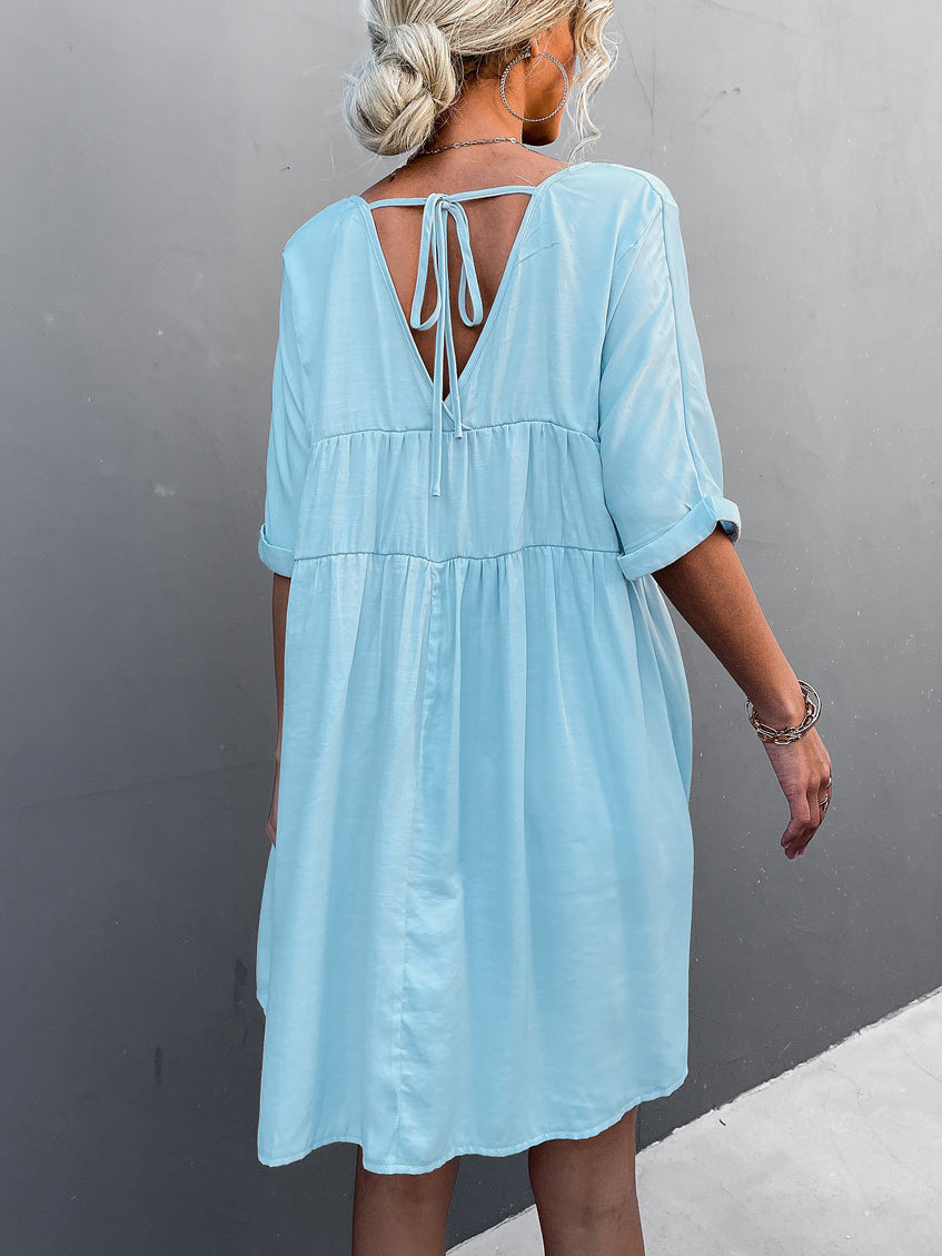 Women  Short Sleeve V-neck Mini Dress With Pockets