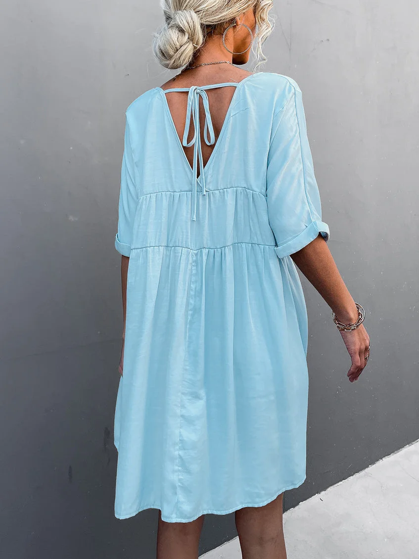 Women  Short Sleeve V-neck Mini Dress With Pockets