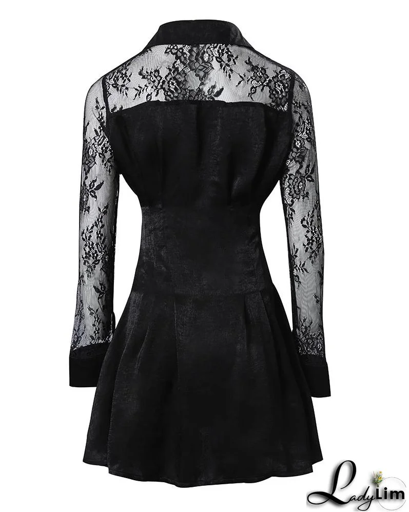 Contrast Lace Long Sleeve Button Down Shirt Dress