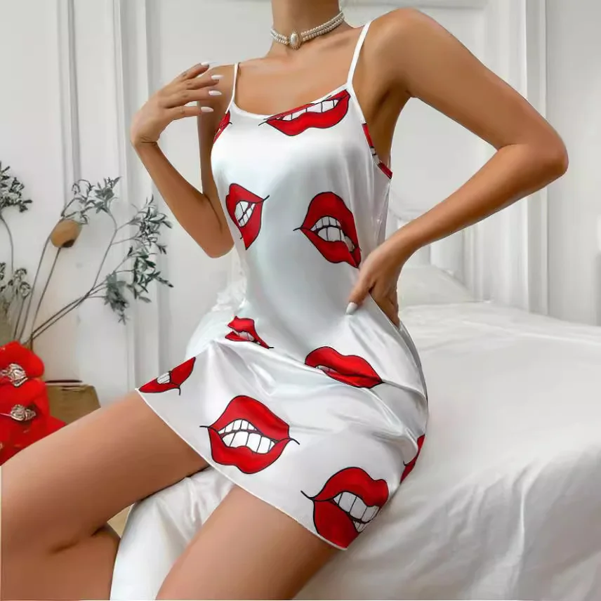 Brownm Bare-Back Ice Silk Halter Skirt Imitation Silk Nightskirt Summer Printed Pajamas Short Skirt Women's Household Clothes