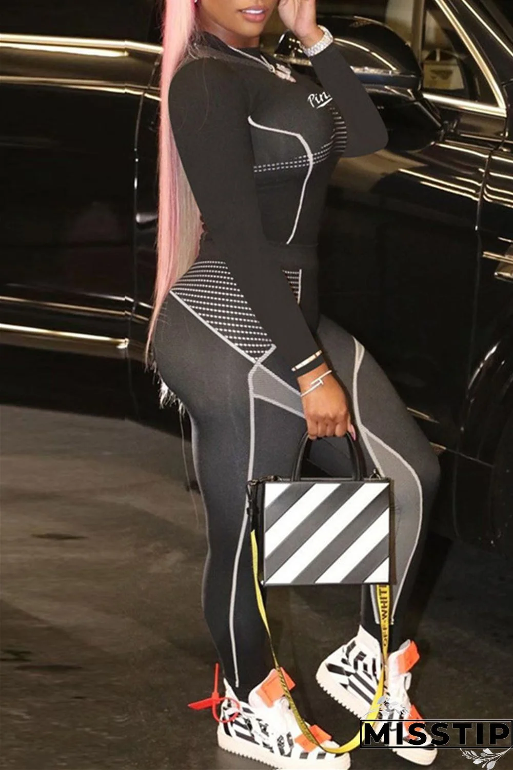 Black Fashion Sportswear Letter Print Basic O Neck Long Sleeve Two Pieces