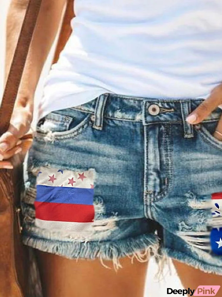 Women's Denim Shorts Star Stripe Ripped Fringed Denim Shorts