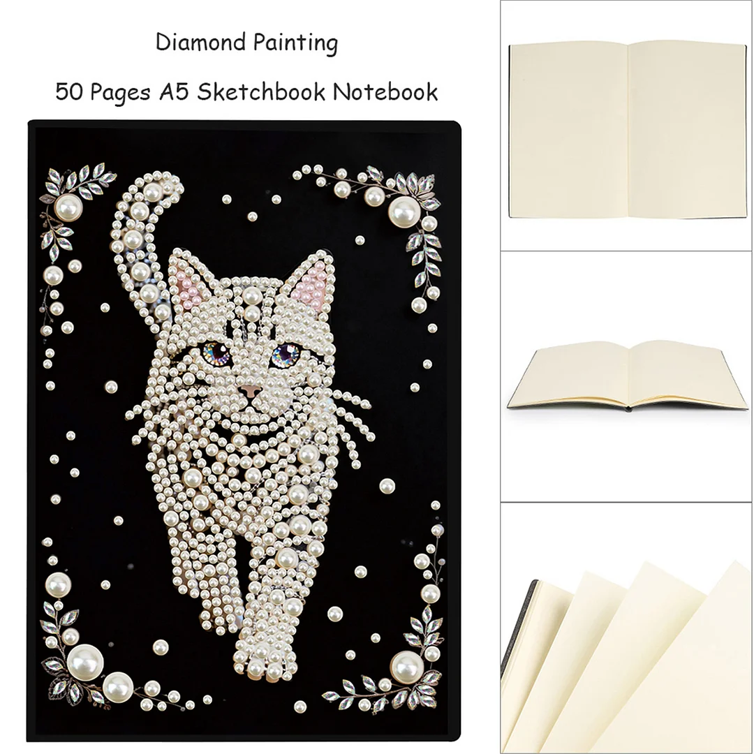 Cat Partial Pearl DIY 50 Pages A5 Diamond Painting Notebook Special Shaped Diamond Art Diary Book Kits Wireless Strip 5D Crystal Art Paintings Sketchbook for Art Drawing