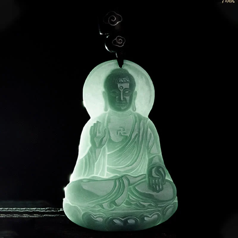 Amitabha Buddha Natural Jade Lotus Amulet Compassion String Necklace Pendant