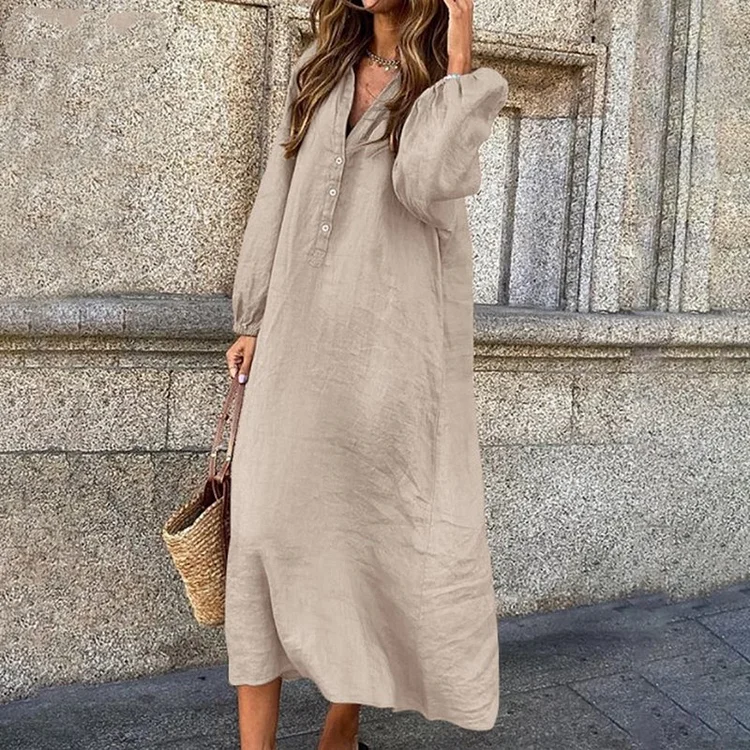 VChics Solid Color Cotton And Linen Long-Sleeved V-Neck Button-Up Long Dress