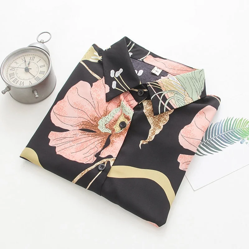 Fall New Women Vintage Floral Print Black Shirt Long Sleeve Button Up Chiffon Blouse Summer Casual Tops Feminina Blusa T07505F