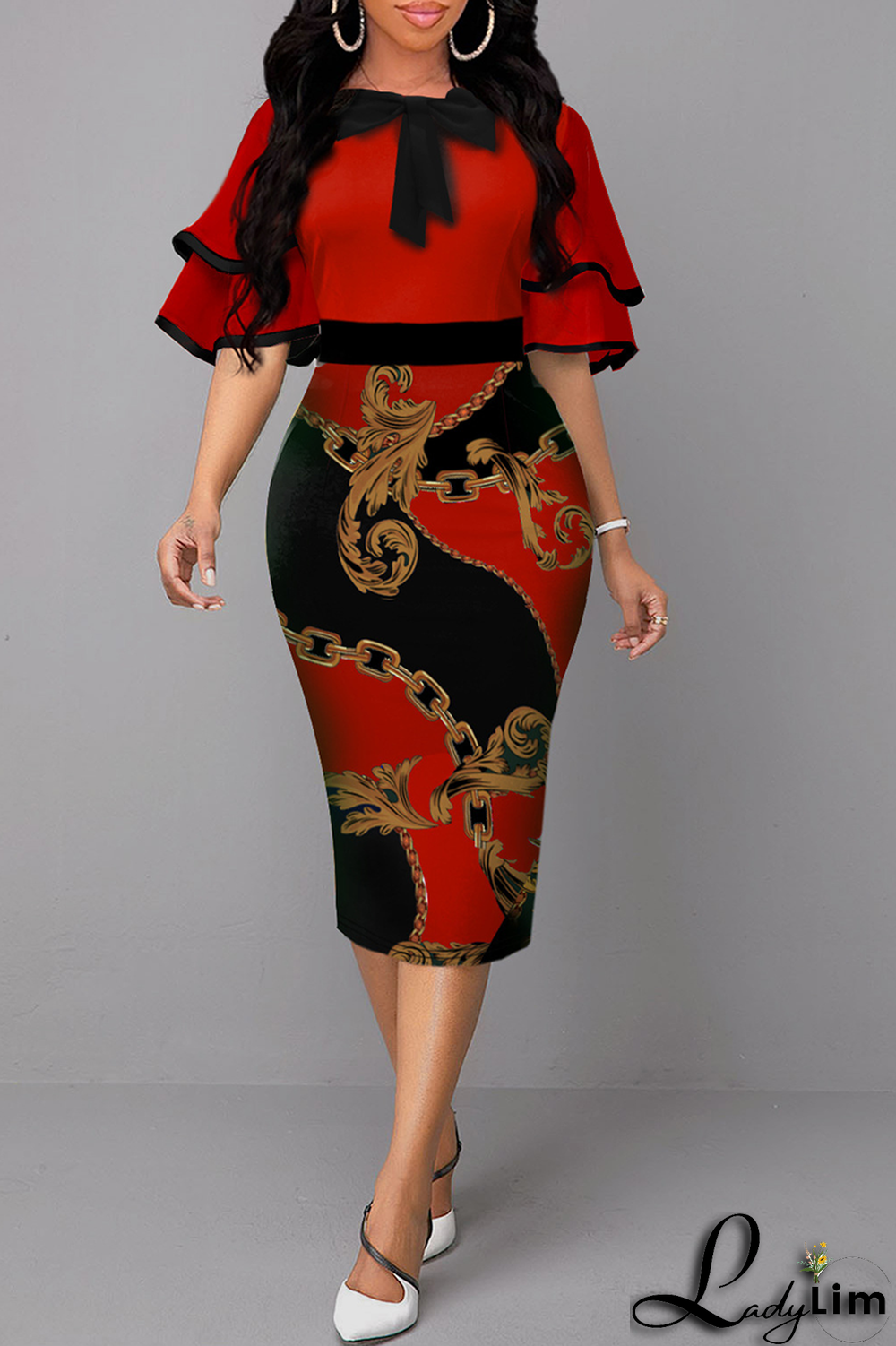 Blue Vintage Print Flounce O Neck Pencil Skirt Dresses