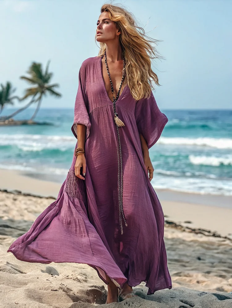 Caftan Kimono Solid Pink Color Beach V-Neck Kaftan Dress