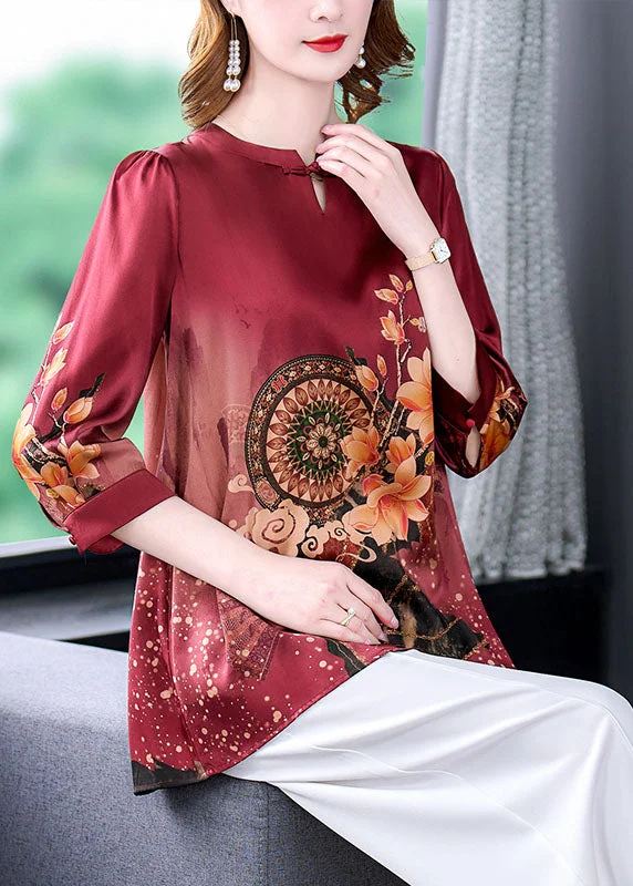 Boutique Red O-Neck Print draping Silk women's Blouse Tops Bracelet Sleeve