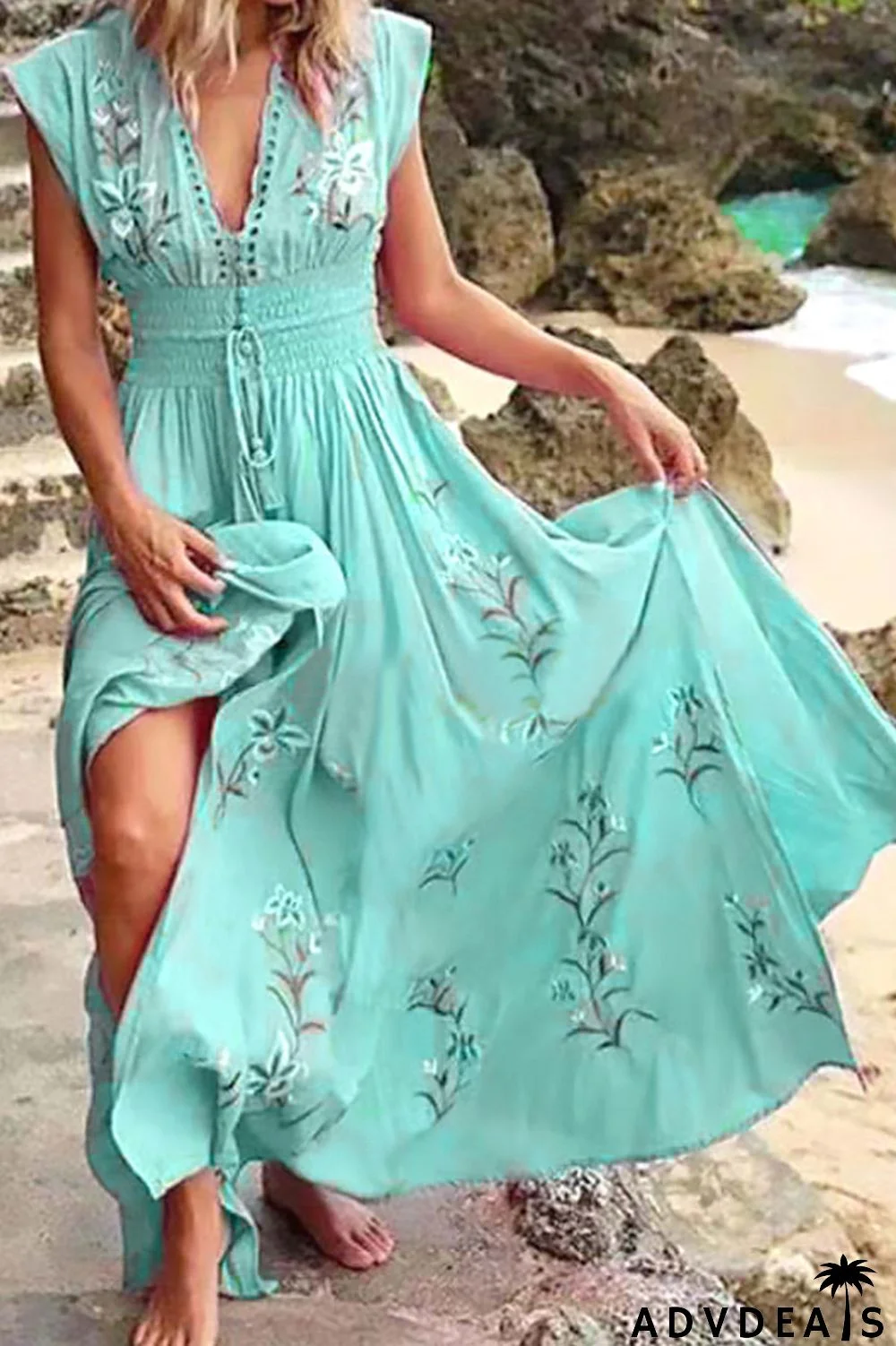 Sky Blue Fashion Street Print Patchwork V Neck Irregular Dresses