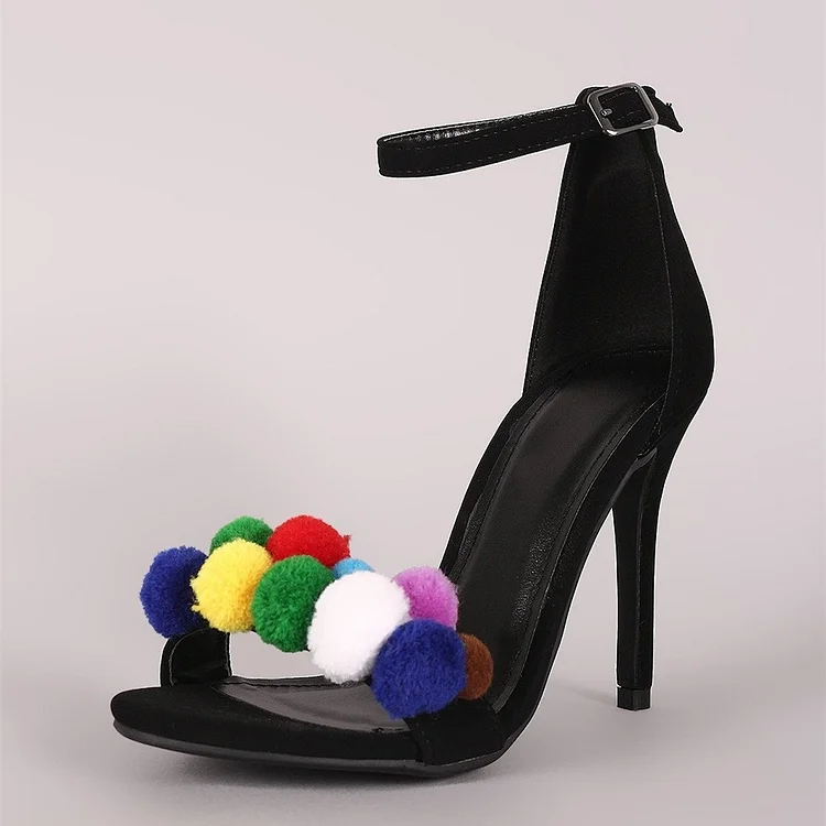 Black Pom Pom Shoes Stiletto Heel Ankle Strap Sandals |FSJ Shoes