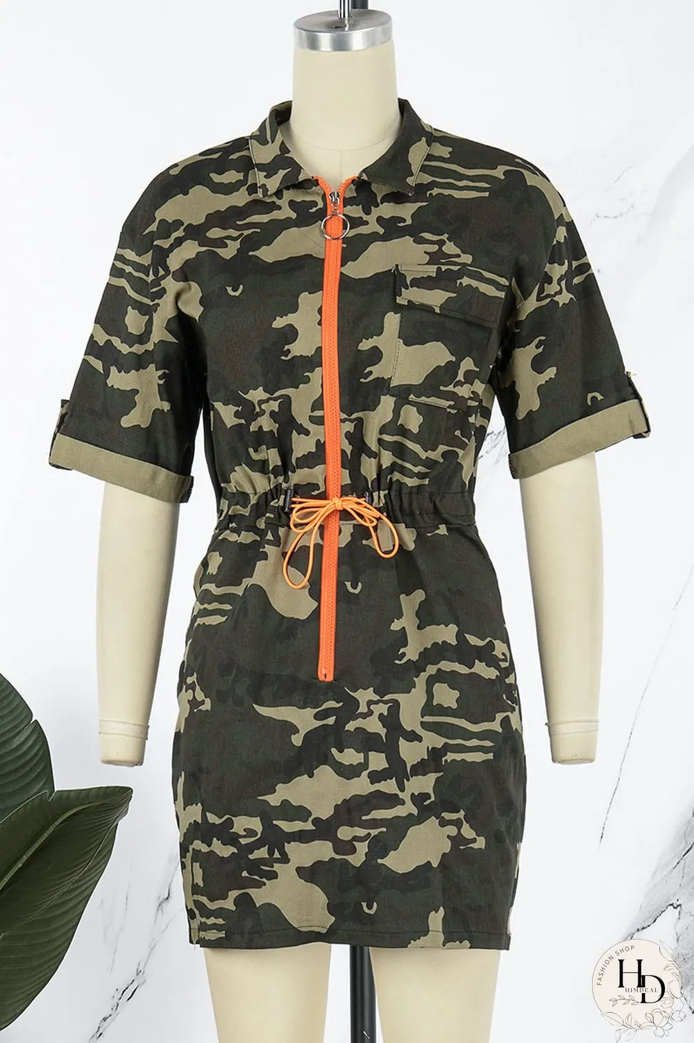 Camouflage Casual Camouflage Print Patchwork Draw String Zipper Turndown Collar Straight Dresses