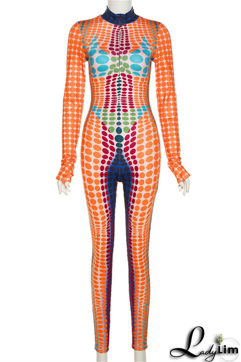 Orange Fashion Casual Print Patchwork Turtleneck Skinny Jumpsuits