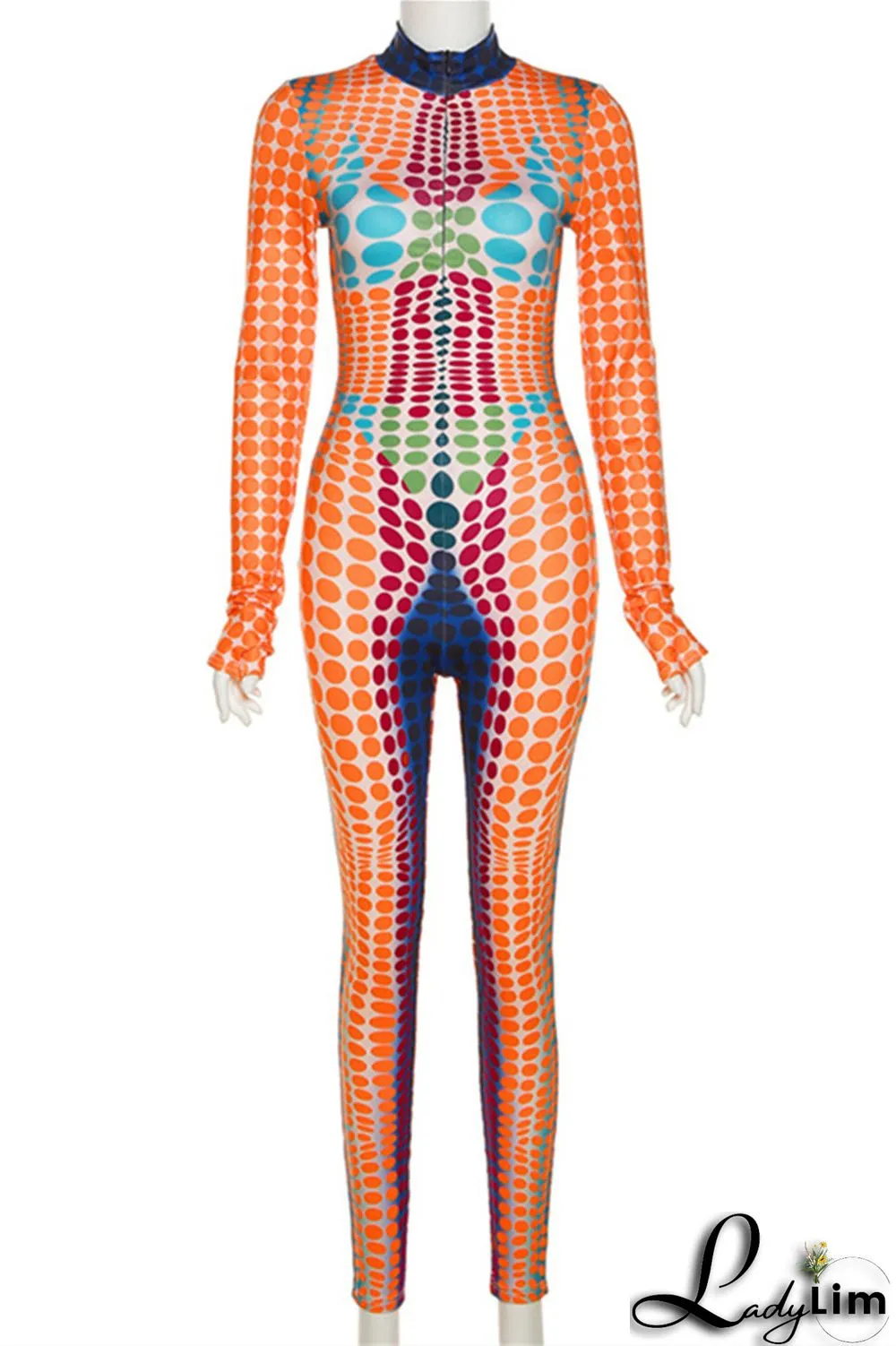Orange Fashion Casual Print Patchwork Turtleneck Skinny Jumpsuits