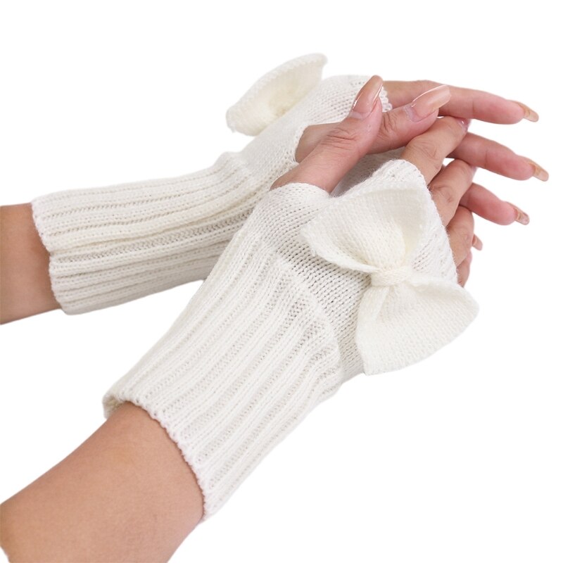 Women Winter Knit Fingerless Gloves Cute Bowknot Thumb Hole Mittens Arm Warmers XX9D