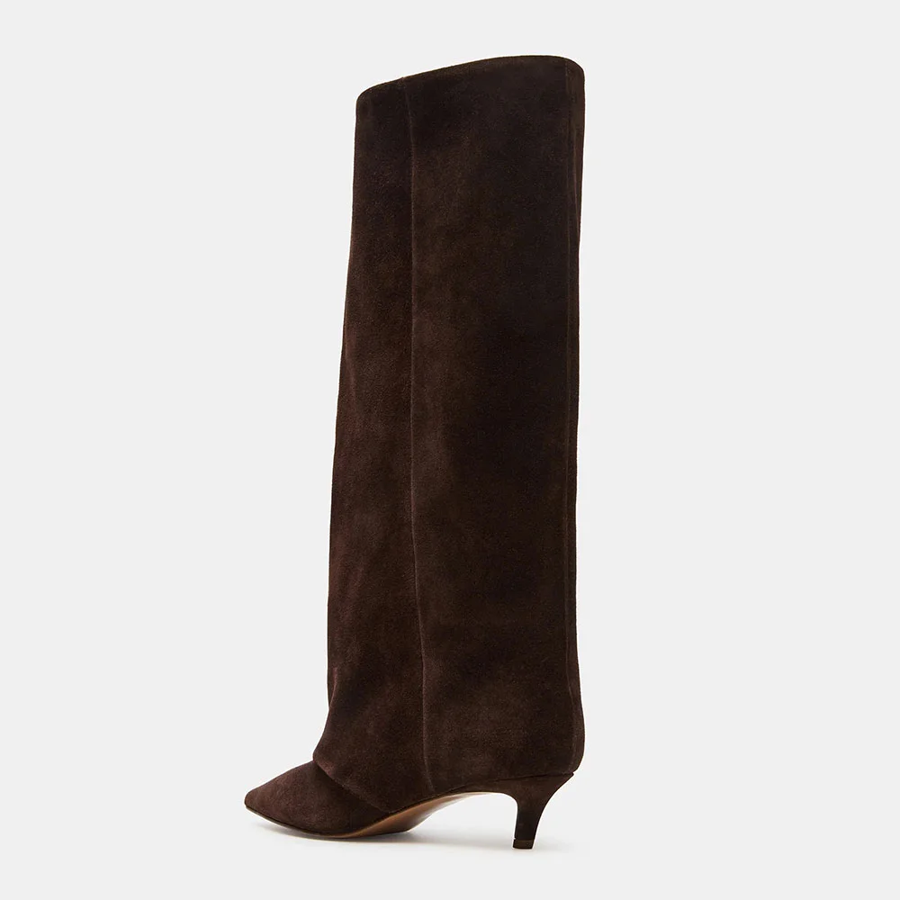 Brown Vegan Suede Pointed Toe Low Kitten Heel Knee High Boots