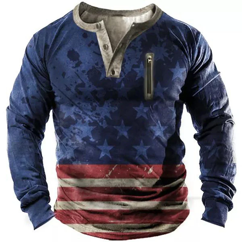 Men's American Flag Print Tactical Long Sleeve Henley T-Shirt