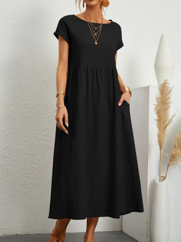Women's Retro Solid Color Summer Elegant O-Neck Cotton Linen Casual Loose Midi Dress