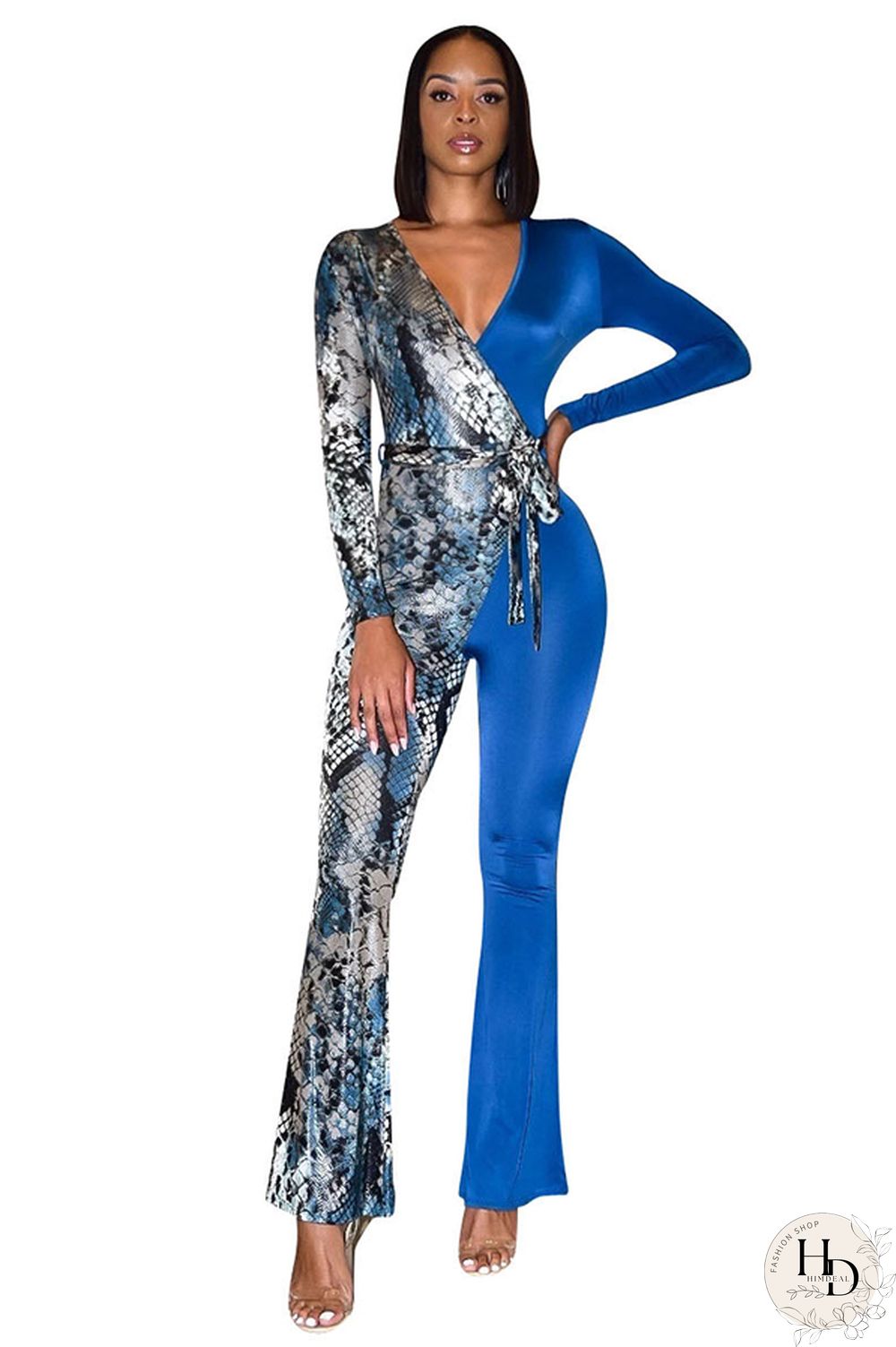 Wine Red Fashion Sexy bandage Patchwork serpentine Print Polyester Long Sleeve V Neck Jumpsuits