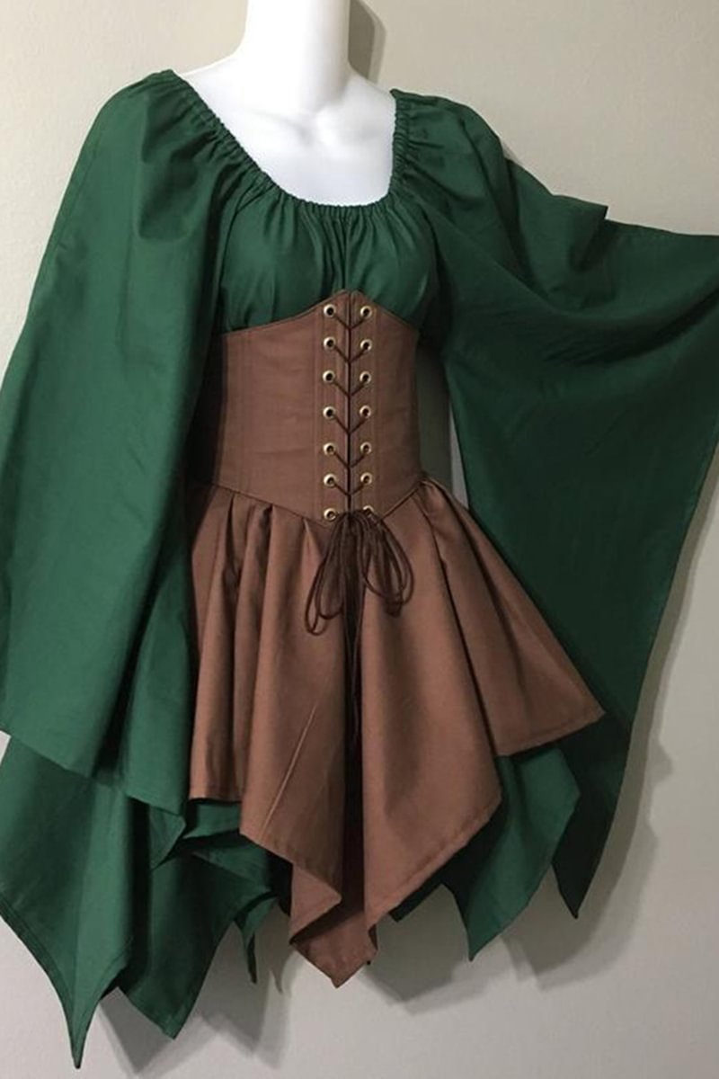 Medieval Green Party Patchwork Flared Sleeve Round Neck Mini Dress
