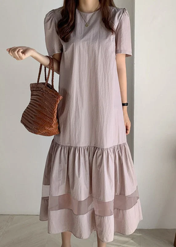 5.12Classy Champagne O-Neck Wrinkled Tulle Patchwork Maxi Dress Short Sleeve