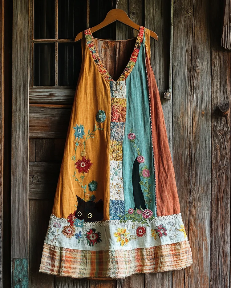 Vintage Black Cat And Patchwork Linen Tank Dress