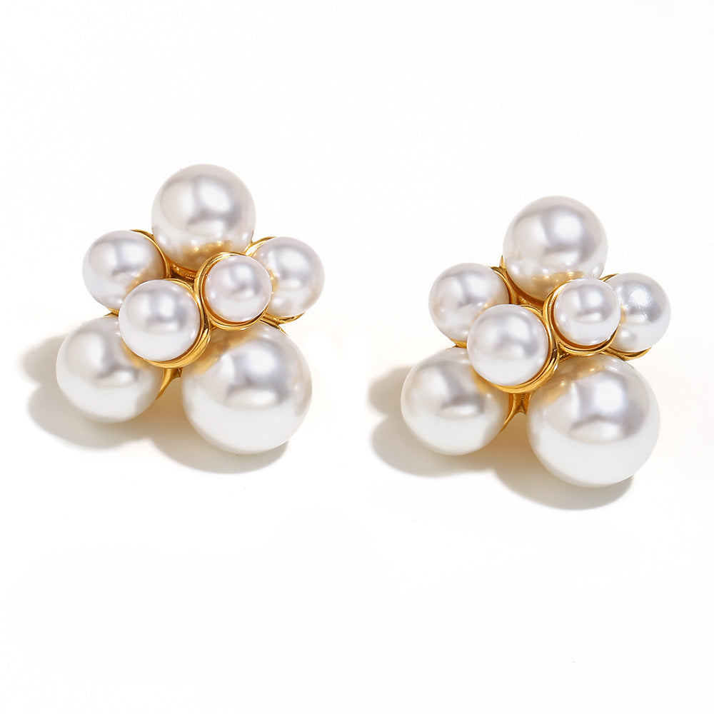 Small French Earrings 316L Stainless Steel Plated With 18K Gold Large And Small Pearl Grape Earrings