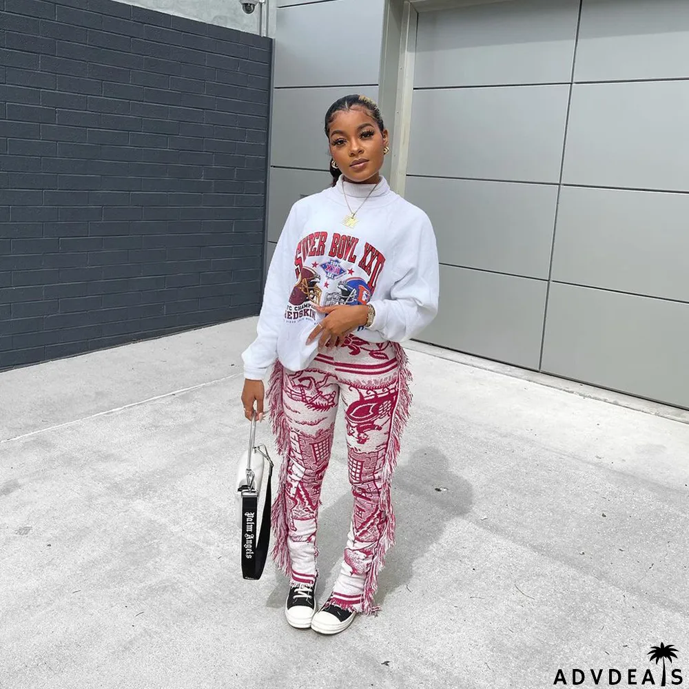 Casual Fashion Color Pattern Fringed Velvet Pants