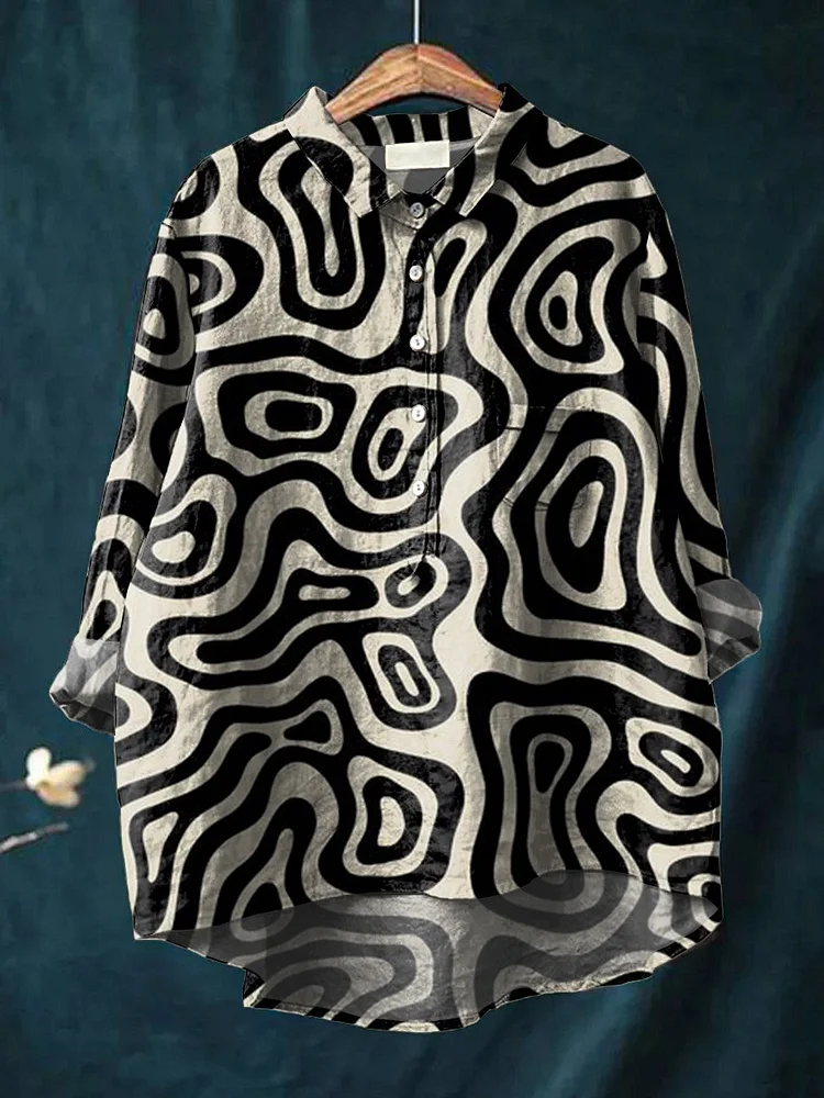 Women's Abstract Patterns Print Casual Cotton And Linen Shirt