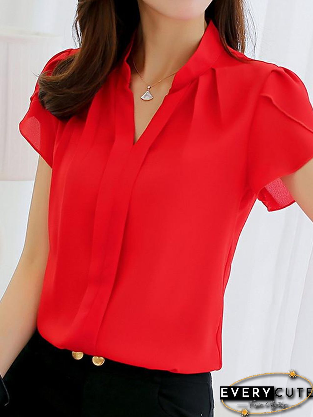 Women's Blouse Shirt Solid Colored V Neck Standing Collar Tops Basic Top White Blue Red-0204810