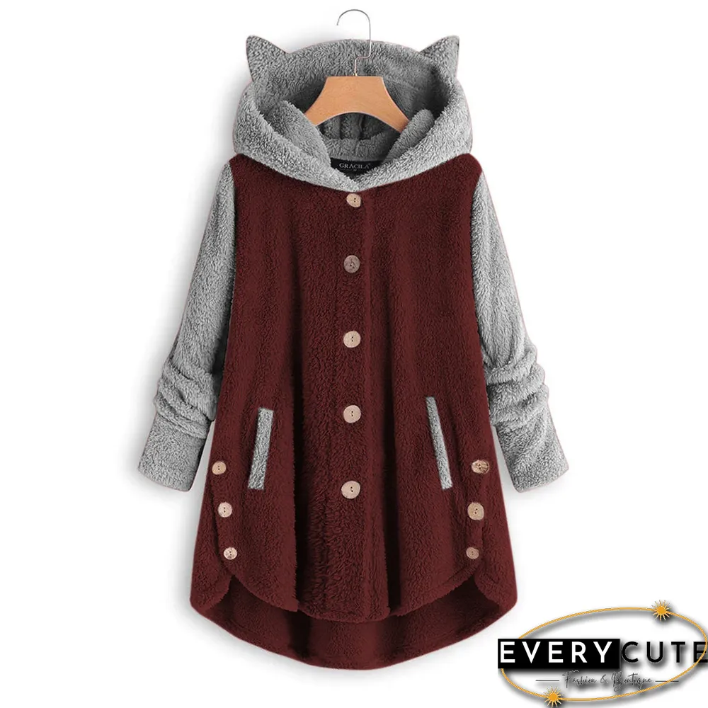 Autumn And Winter Button Hooded Cat Ears Plush Top Irregular Color Matching Coat Women