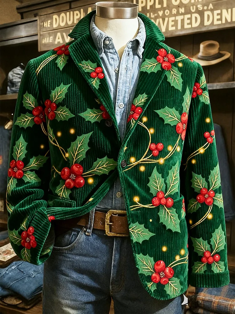Men's Corduroy Christmas Holly Lapel Blazer 