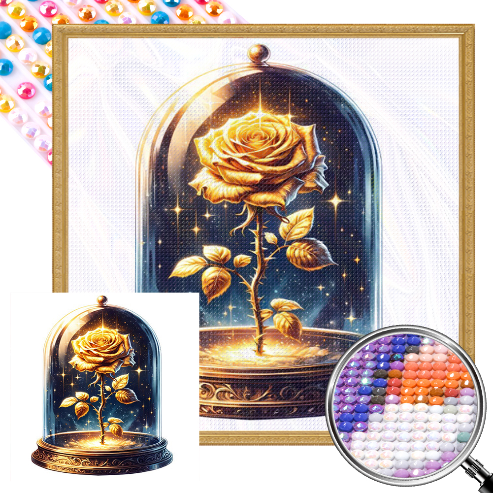 Yellow Rose In Glass 40*40cm(picture) full round drill diamond painting with 3 to 5 colors of AB drills