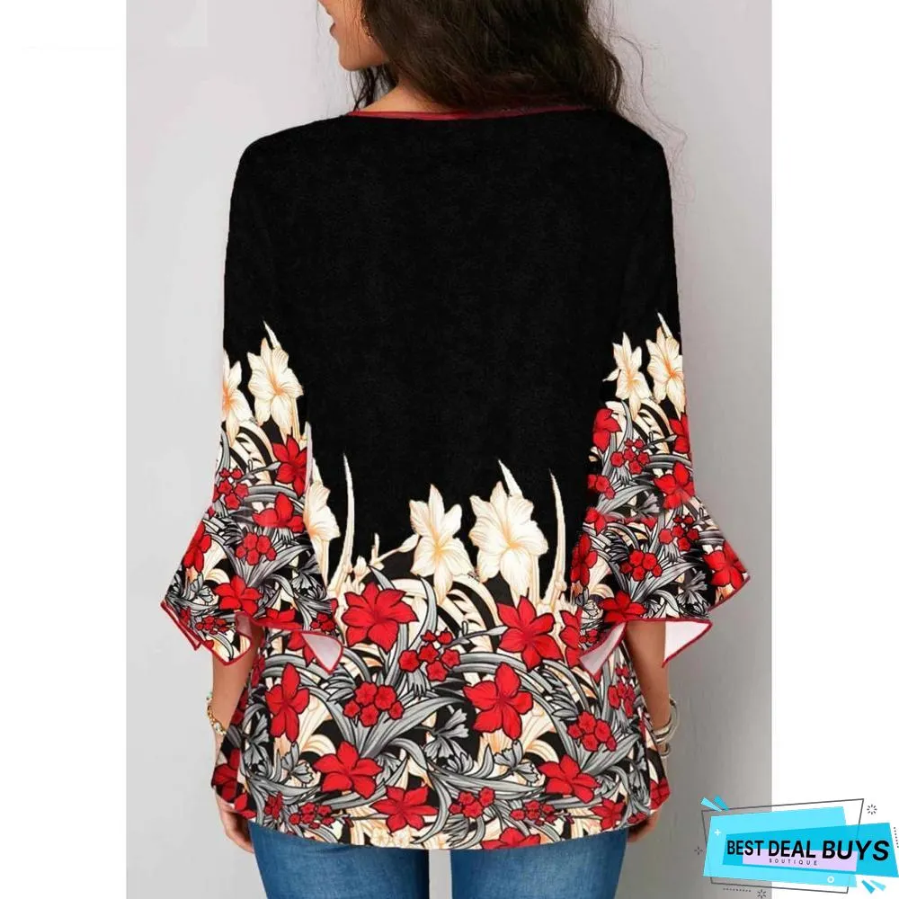 Women Plus Size Three Quarter Sleeve Floral Print Causal Loose Tunic Blouse Shirts