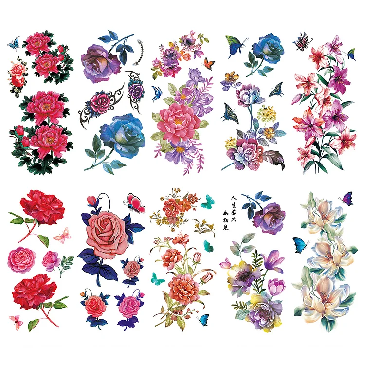10 Sheets Beautiful Flower Watercolor Temporary Tattoo Stickers Disposable