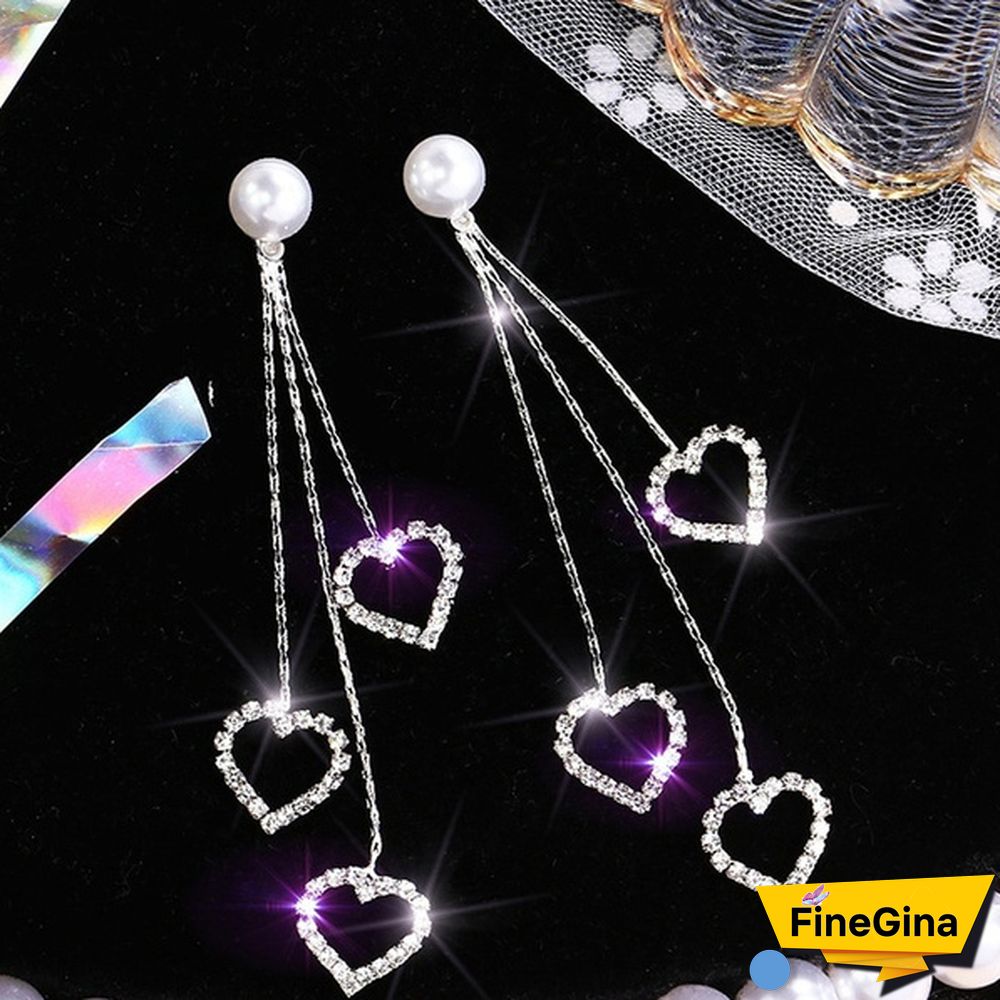 Heart Zircon Tassel Earrings, Tassel Sterling Silver Earrings, Dangle Heart Earrings, Romantic Jewelry for Woman, Woman Gift