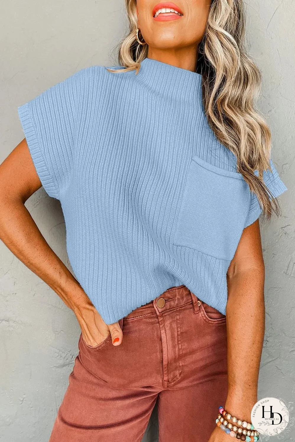 Beau Blue Patch Pocket Ribbed Knit Short Sleeve Sweater