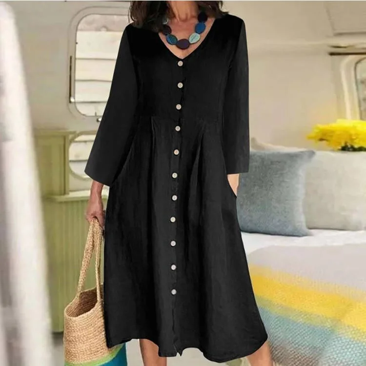 Women's Casual Dress Solid Color Loose High Waist Button Linen Dress