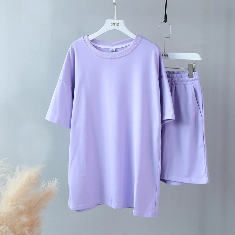 Toppies Summer Tracksuits Womens Two Peices Set Leisure Outfits Cotton Oversized T-shirts High Waist Shorts Candy Color Clothing