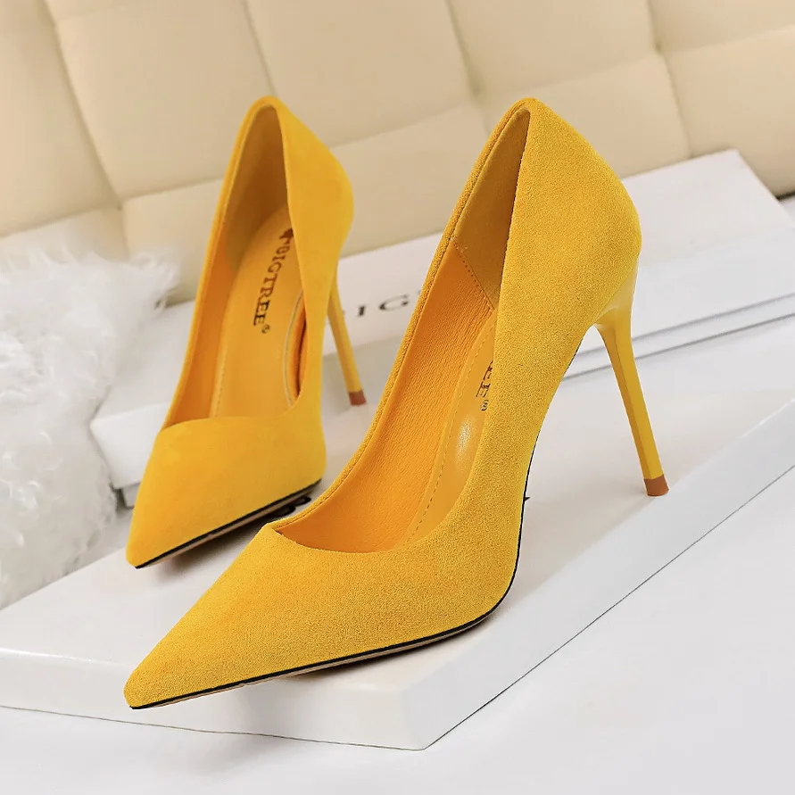 Colourp Colourp Korean Version Of Fashion Simple Thin Heel High Heel Suede Shallow Pointed High Heels Women's Shoes Sexy Show Thin Single Shoes