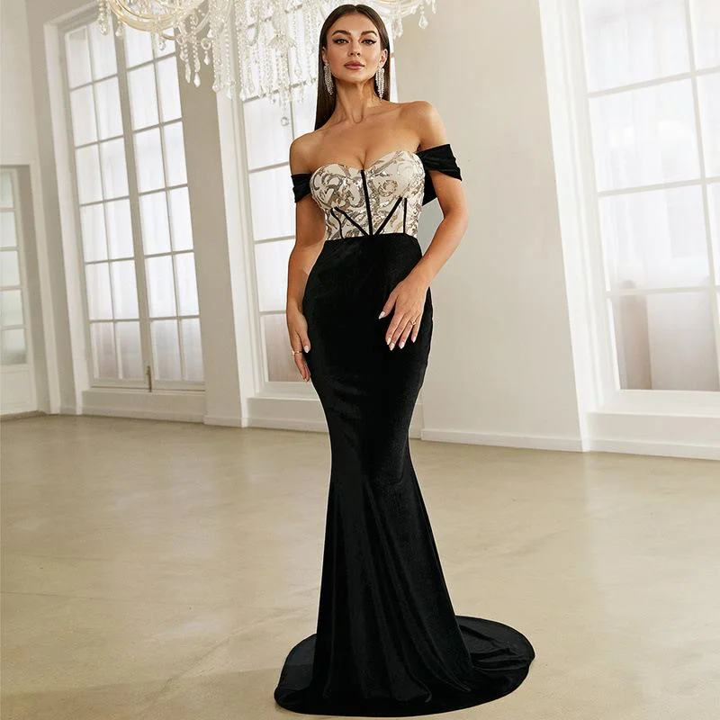 Neosepa-Seductive Princess-seamed Gold Sequins High Waist Patchwork Velvet Dress